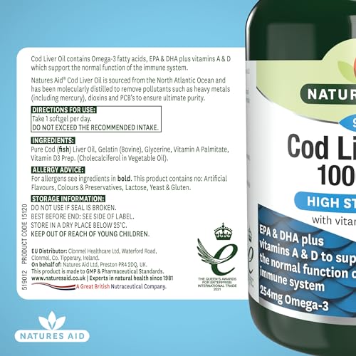Natures Aid Cod Liver Oil 1000Mg Softgels – High Strength Omega-3 Fish Oil With Vitamins A & D – Supports Immune System, Heart Health, Brain, Vision, Joints – Non-Gmo – 90 Capsules - 8