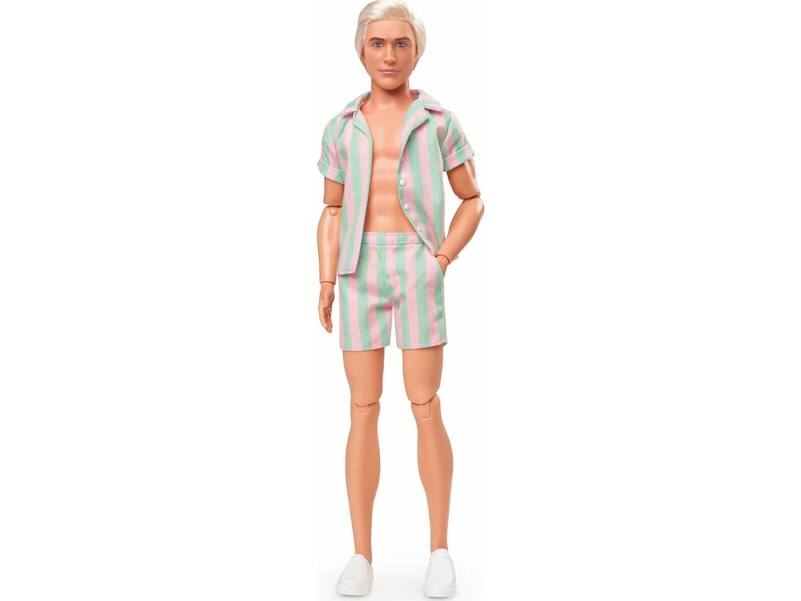 Barbie Il Film - Ken Giorno Perfetto, bambola con completo da spiaggia a righe rosa e verde pastello, tavola da surf e sneaker bianche incluse, giocattolo per bambini, 3+ anni, JBJ54