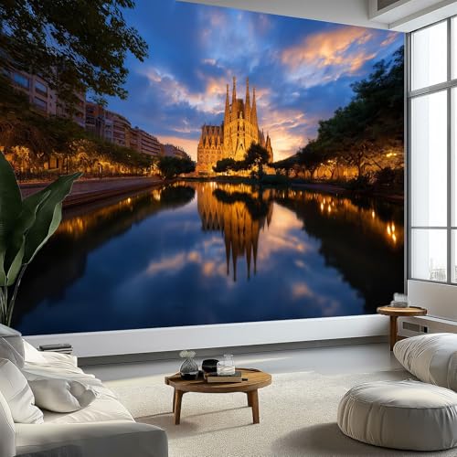 Fotomurale no Tejido Fotografía Anochecer Sagrada Familia Barcelona 250 x 175 cm Papel Pintado Decoración de Pared moderna, Azul Murales póster - Dormitorio Salón TV Pared Murales