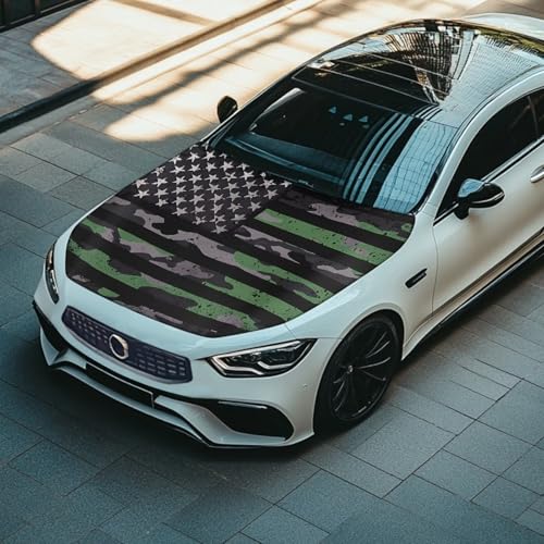 Image of Car Hood Cover for Compact Sedans SUV Trucks, 59x39 Inches Stretchable Auto Hood Wraps Vehicles Banner Camouflage American Flag Automotive Exterior Accessories