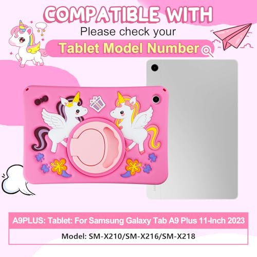HianDier for Samsung Galaxy Tab A9+ Plus Case Cute Unicorn Silicone for Samsung A9 Plus Tablet Case with Detachable Strap and Rotatable Stand Shockproof Cover for Galaxy Tab A9+ 11" 2023-Rose Pink - image 2