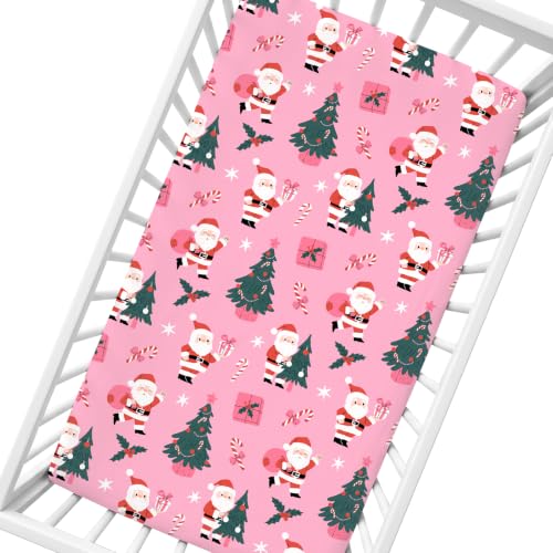 Image of Cloele Pink Christmas Fitted Crib Sheet,Santa Candy,52x28in