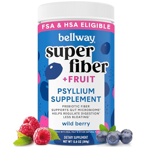 Image of Bellway Super Fiber Powder + Fruit, Sugar Free Organic Psyllium Husk Powder Fiber Supplement for Regularity, Bloating Relief & Digestive Health, Plant-Based, Wild Berry (50 Servings)