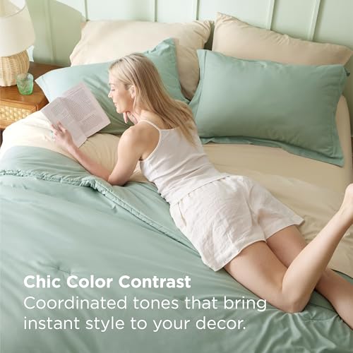 Image of Bedsure Full Size Comforter Set - 7 Pieces Sage Green Full Bedding Set for All Seasons, Boho Contrasting Design Bed in a Bag with Comforter, Sheets, Pillowcases & Shams