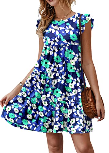 KIRUNDO Womens Boho Summer Dress Sleeveless Ruffle Sleeve Round Neck Floral Beach Vacation Loose Short Flowy Pleated Mini Babydoll Dresses, Floral3-blue Green White, X-Large
