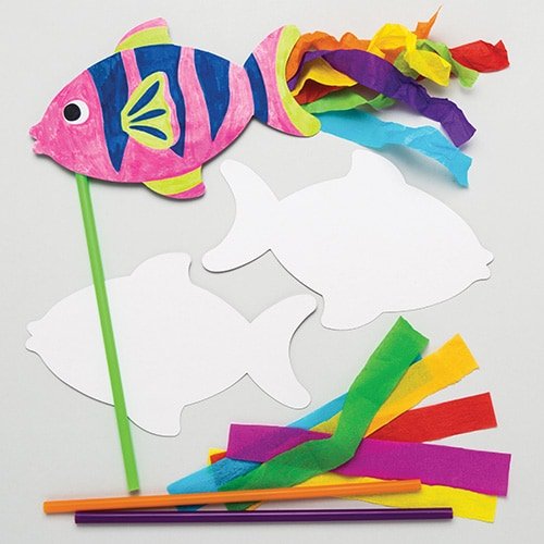 Baker Ross AR593 Fish Wand Kits, for Kids to Make and Decorate (Pack of 6), Assorted, 18cm