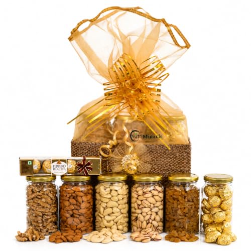 Image of NUTRI MIRACLE Dry Fruits & Chocolate Gift Hamper | Festive Gift Basket for Raksha Bandhan | Diwali | Brother Sister Corporate Office Employees