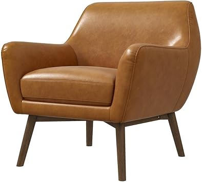 ASHCROFT Camille Furniture Style Wide Top Leather Accent Armchair in Cognac Tan Color