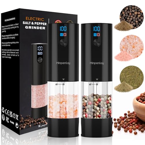 Electric Salt and Pepper Grinder Set Rechargeable with LED Display, Adjustable Coarseness, 120ml Container – Bright Black (2 Pack)