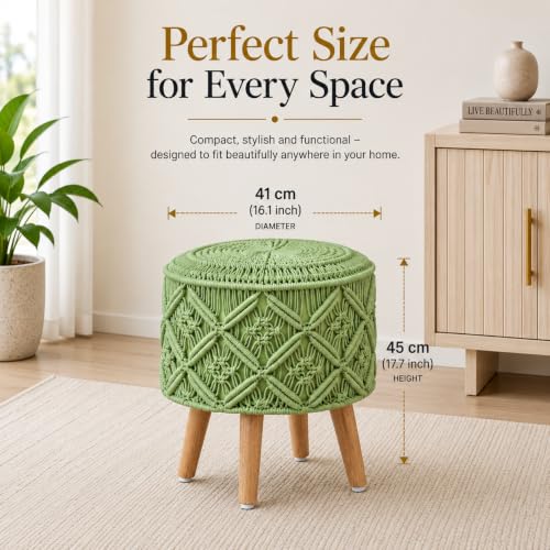 Image of Macrame Ottoman for Living Room | Handcrafted Woven Foot Rest Stool with Solid Wooden Legs | Pouffe for Sitting, Foot Stool for Bedroom & Home Decor | 16x16x18 Inch (Light Green)