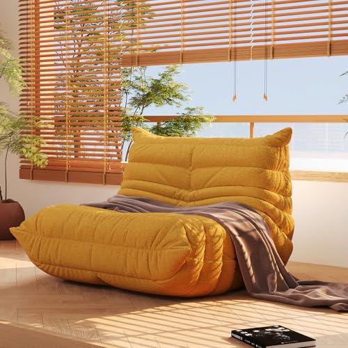 一人掛けソファ 高反発ソファー 肉厚クッション テディベルベット生地 座布団 リラックスチェア 椅子 フロアソファ モダンスタイリッシュ ビーズクッション コンパクト 一人暮らし ロータイプ 組立不要 高密度フォーム、リビングルーム、ベッドルーム、アパート、オフィス (黄色い, 1人掛け) - SYFERLORY - 商品画像