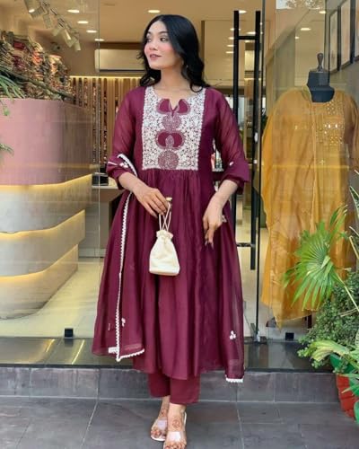 Image of Women's Cotton Printed Anarkali Kurti with Pant and Mulmul Dupatta Set