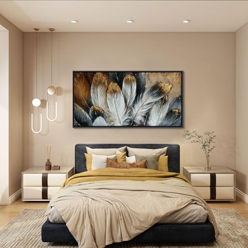 Image of Framed Feather Canvas Wall Art Modern Living Room Bedroom Wall Decoration Large Canvas Painting Artwork for Home Decor White Gold Brown Feather Picture 24x48 Size