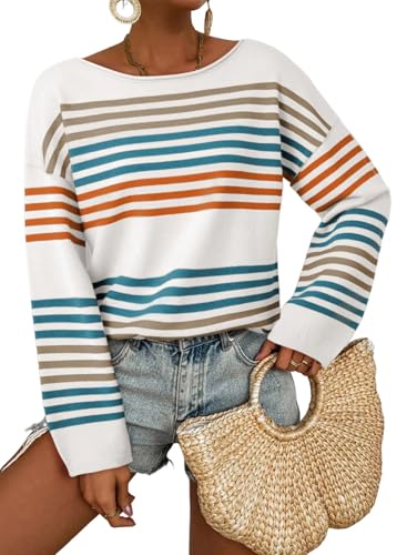 Dokotoo Sweaters for Women Striped Casual Striped Knit Pullover Sweaters
