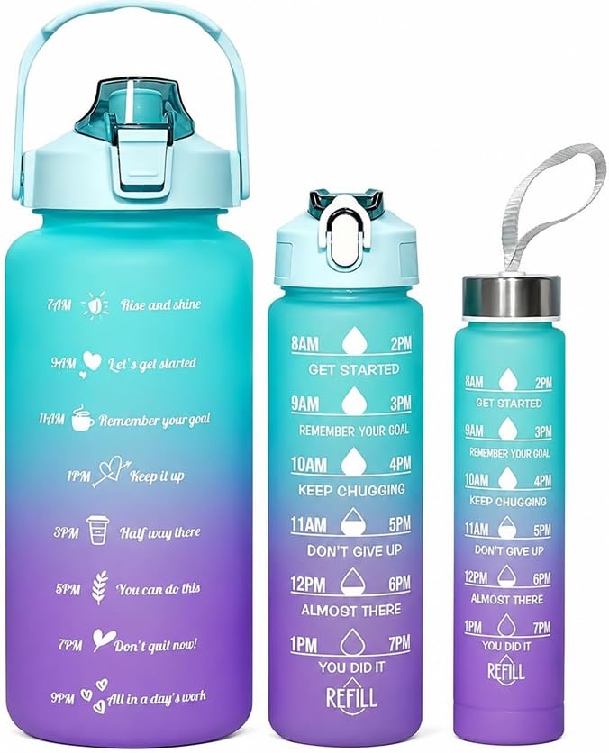 Image of Toy Imagine Plastic Motivational Water Bottle Set of 3 Bottles(2L+900ml+300ml)with Time & Capacity Marker Leakproof BPA-Free Bottles with Straw, Sipper Cap & Sticker for Gym, Office & Daily Hydration