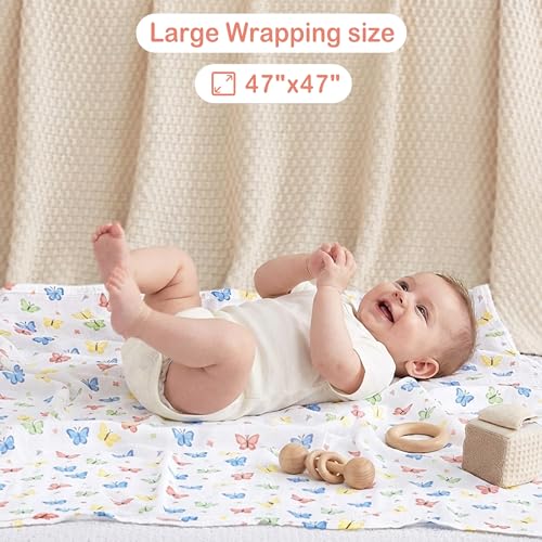 Image of Viviland Bamboo Cotton Blend Muslin Swaddle Blankets, 70% Bamboo & 30% Cotton, Ultra Soft Silky Receiving Blanket for Newborn, Large 47x47 inches, 4-Pack Unisex Gift, Colorful Butterfly