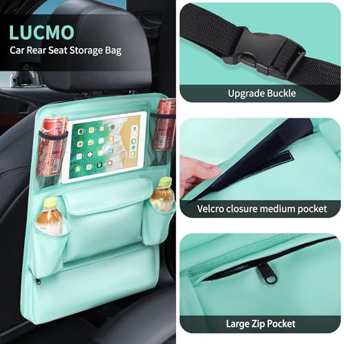 Image of LUCMO Car Backseat Organizer with Touch Screen Tablet Holder, Light Blue | 9 Storage Pockets,Clear Tablet Holder,Protectors Kick Mats,Travel Accessories,Seat Cover,Road Trip Essentials