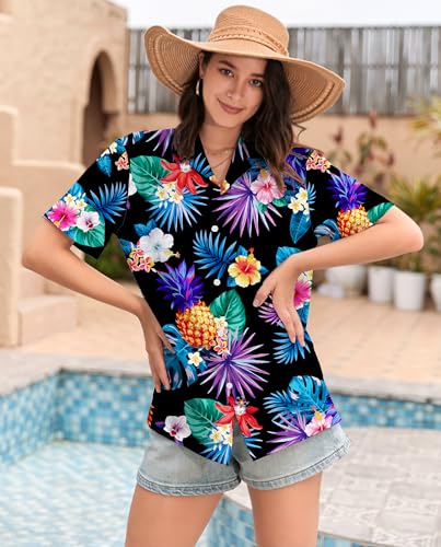 Image of SANGTREE Girls & Women's Hawaiian Shirts Button Down Short Sleeve Floral Tropical Shirt Beach Vacation Blouse Tops