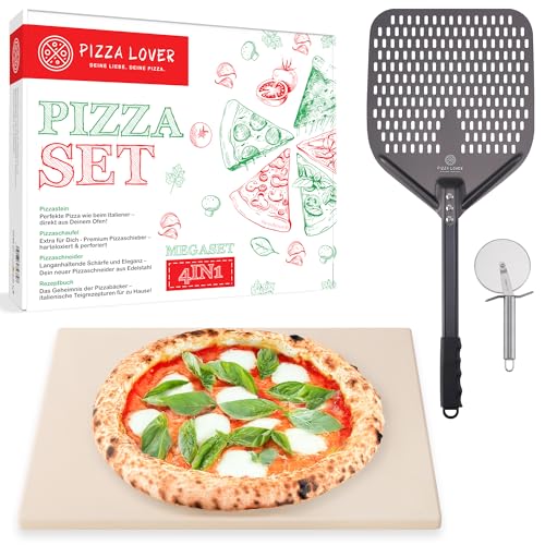 Pizza Lover Kit de pierres à pizza de qualité supérieure pour four et barbecue - 4 en 1 - Avec pelle à pizza perforée (anodisée dure) + pierre à pizza...