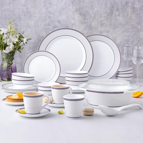 Image of Larah by Borosil 49pc Opalware Starlight Dinner Set for Family of 6 | Microwave & Dishwasher Safe Crockery Set for Dining & Gifting | Plates & Bowls