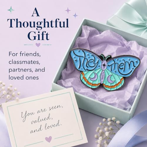 Image of LGBTQ Pronouns Cute Butterfly Pin - She They /He Him /They Them /She Her /He They Gender Identity Bulk Pins for Pride Parade, Daily Wear, Lapel, Hat, Backpack(Free 1pc Pride Sticker Included)
