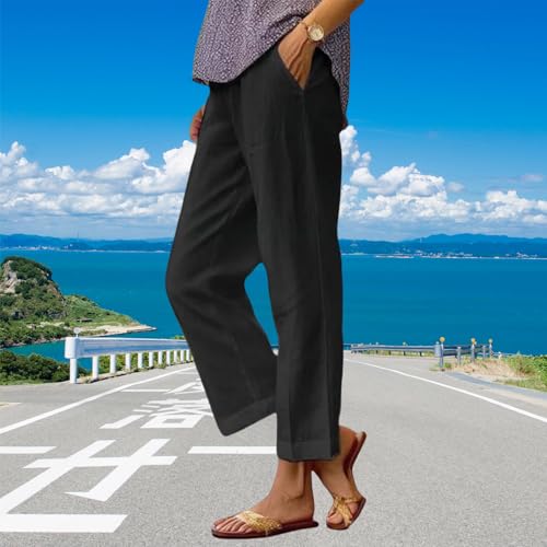 Cropped Linen Pants Women, Soft Breathable Linen Pants, Straight Leg Loose Fit for Work Travel Beach4
