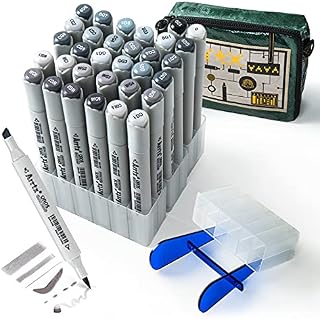 32 Grey Colour Alcohol Markers Set, Arrtx Oros Dual Tip, Brush & Chisel Sketch Art Markers for Kids, Artist, Students, Brush Marker Pens for Sketching, Coloring, Calligraphy, Drawing and Illustration.