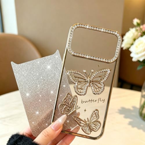 Coque iPhone 16 Papillon 3D strass or et paillettes transparentes - 3