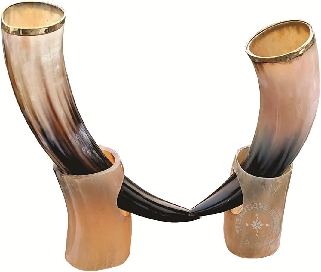 THE ANTIQUE HOUSE Set di due corno di bue con supporto, stile vichingo per birra, vino, idromele, regalo di nozze