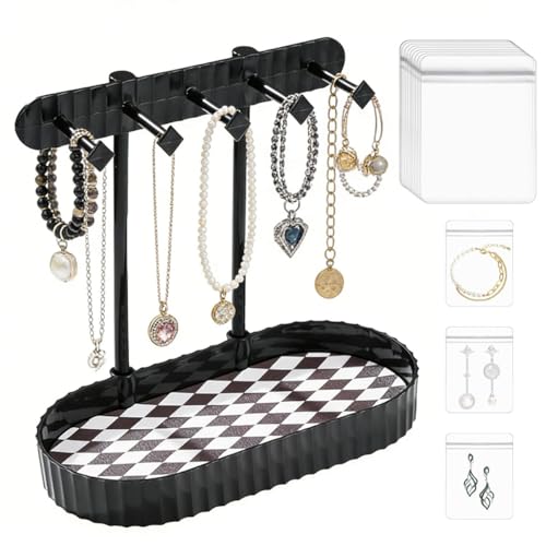 Organizador Collares Pequeño con 10 Bolsitas para Joyas, Organizadores Joyas con Base De Almacenamiento, Jewelry Organizer Expositor Negro para Pendientes, Collares, Pulseras, Anillos, Perfumes