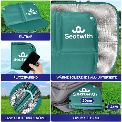 Seatwith Faltbares Iso-Sitzkissen (40x40cm) mit Wärme isolierender ALU Unterseite + Tragetasche & Karabinerhaken für ideale Befestigung am Rucksack maximaler Schutz vor Kälte Nässe Schmutz
