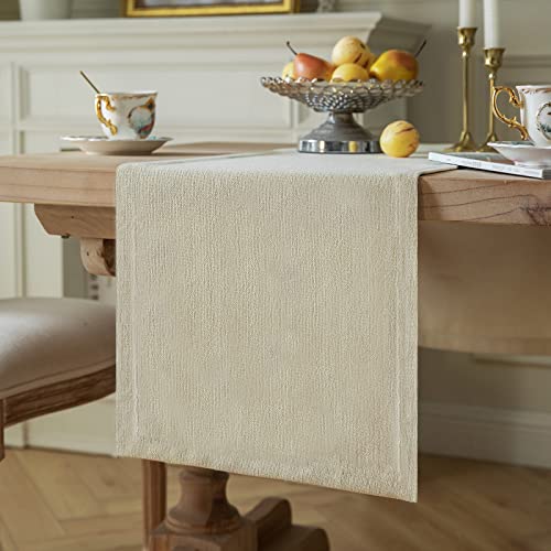 Image of ZeeMart Burlap Style Farmhouse Table Runners 48 Inches Long, Cream Rustic Woven Dining Table Runner for Everyday Use, 14x48 Inches, Cream