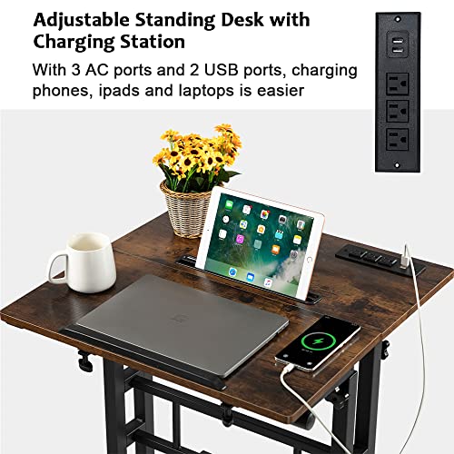 Image of Hadulcet Mobile Standing Desk with Wheels, Rolling Desk Adjustable Height, Portable Laptop Table with Charging Station, Sit Stand up for Home Office, Study, Classroom, Rustic Brown