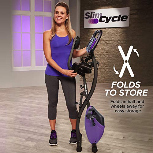 BulbHead Upgraded Slim Cycle Ultra Stationary Folding Indoor Bike with Arm Resistance Bands and Heart Monitor-Perfect Home Exercise Machine for Cardio, Purple