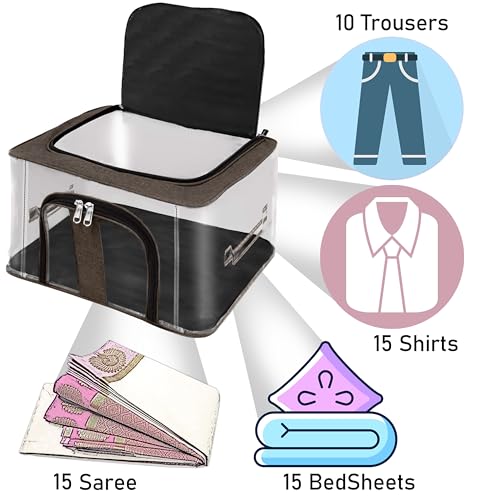 Image of Storite 2 Pack Nylon 33 L PVC Transparent Moisture Proof Storage box for Clothes Closet Wardrobe Organizer for Clothes Saree Bags with Carry Handle (Brown, 44L x 31W x 24H cm)