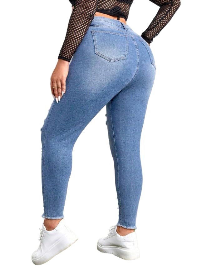 Plus Size Distressed Skinny Jeans for Women – Stretch Denim, Front Button Closure, Multi-Pocket Design, and Frayed Hem2