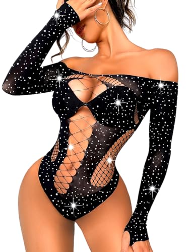 Kaei&Shi Rave Outfits For Women, Rhinestone Bodysuit Fits 0-16, Exotic Dancer Sexy Tops, Fishnet Stripper Plus Size Lingerie,Black