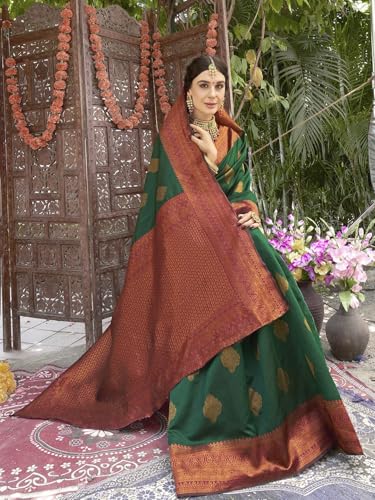 Image of Women's Soft Art Silk Kanjivaram Saree and Unstitched Blouse Piece with Floral Rich Pallu and Jacquard Jari Work On All Over | South Indian Saree