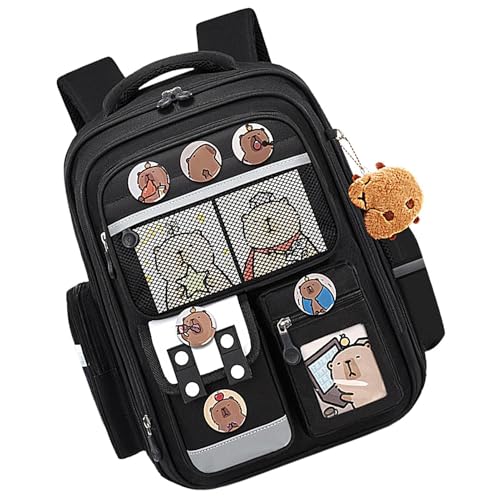 Mochila genérica Capybara - Adorable mochila de dibujos animados, gran impermeable, tarjetas insignias, amuleto de , suministros escolares para, estética animal Kawaii, Negro , Se référer au