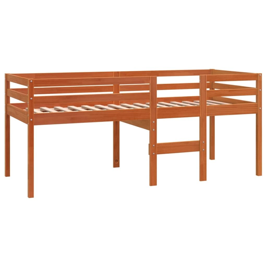 Cama alta marrón cera 80 x 200 cm madera maciza de pino, estructura de cama robusta para niños y jóvenes, mueble para dormitorio, diseño seguro con escalera