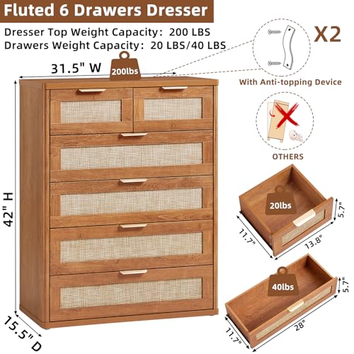 Image of LEYAOYAO Rattan Dresser for Bedroom Set of 2, 41 inch Tall Chest of Drawers, Modern 6 Drawers Boho Dressers with Storage, Vintage Brown Dresser Wooden Closet Organizer for Living Room, Hallway
