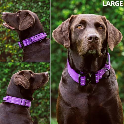 Image of Tuff Pupper Tactical Dog Collar | Heavy Duty 1.5 inch Wide Ballistic Nylon | Training Control Handle | Quick-Release Metal Buckle | Reflective Bands | ID Tag Holder | Padded Inner Lining (Purple, Large)