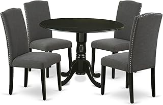 East West Furniture DLEN5-BLK-20 5 Piece Dining Set Includes a Round Dining Room Table with Dropleaf and 4 Dark Gotham Linen Fabric Upholstered Parson Chairs, 42x42 Inch, Black