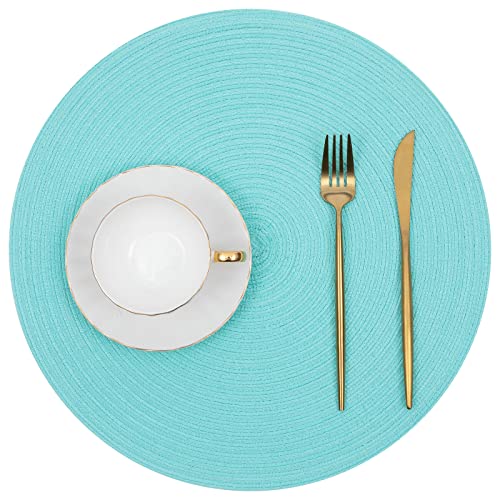 Image of SHACOS Round Placemats Set of 6 Washable 15 inch Round Table Mats Cotton Polyester Woven Braided Place Mats for Dining Table (Aqua, 6)