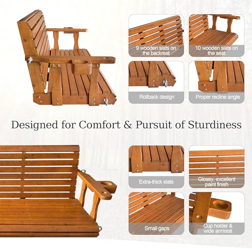 Image of Fortune Candy Wooden Porch Swing 3-Seater, Cedar Tone, 5.5 FT Extra Large