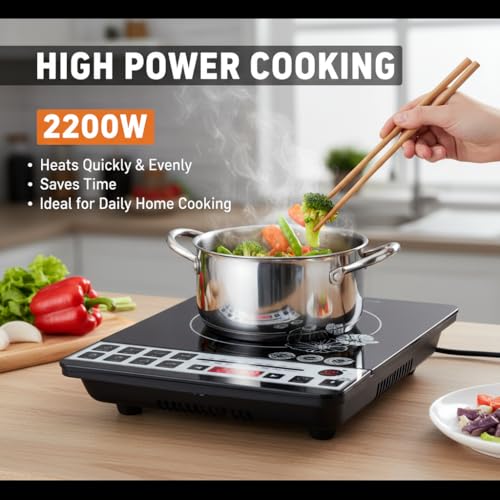 Image of Drumstone (Exclusive & Limited 5 Year Warranty) Induction Cooktop 2200W - LED Touch Display, Auto Pan Detection, 7 Indian Cooking Menus, Timer & Temperature Control - Energy Efficient Kitchen Stove