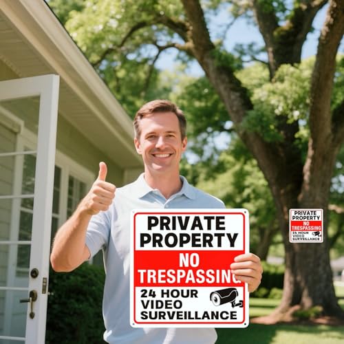 Image of 4 Pack No Trespassing Signs Private Property, Video Surveillance Sign | Reflective aluminum signs, which are weather - resistant and easy to install, are suitable for courtyards, gates and fences
