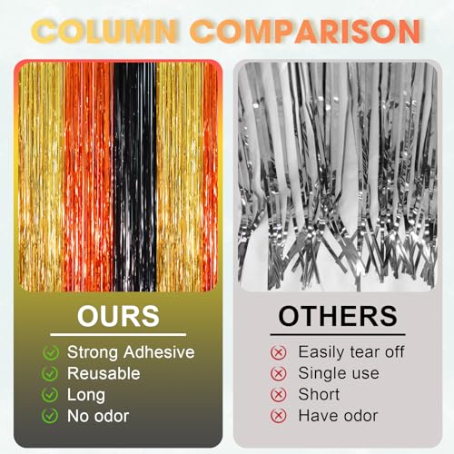Image of Voircoloria 2 Pack Black Gold Orange Foil Fringe Backdrop Curtains, Tinsel Streamers Party Decorations, Fringe Backdrop, Door Shimmer for Construction or Birthday Party