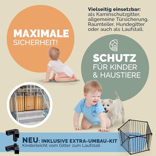 CASARIA® Kaminschutzgitter Baby mit Sicherheitstür Metall ohne Bohren 306x76cm Hundegitter Kinderschutz Türschutzgitter Absperrgitter Schwarz