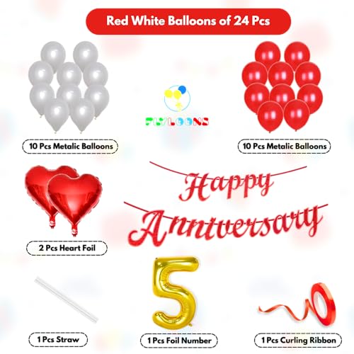 Image of Flyloons 5th Happy Anniversary Decoration Items Red White for Men Women Husband Wife Mom Dad Parent Couple Home Bedroom Car With 20 Pcs Metallic Balloons Anniversary Banner 2 Pcs Heart Set Kit